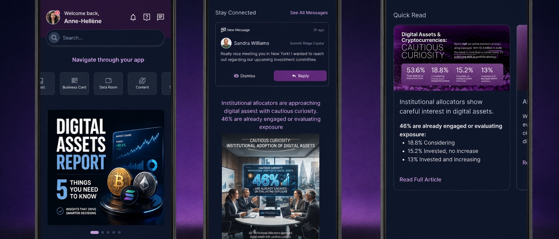 Three screens of the news feed side by side