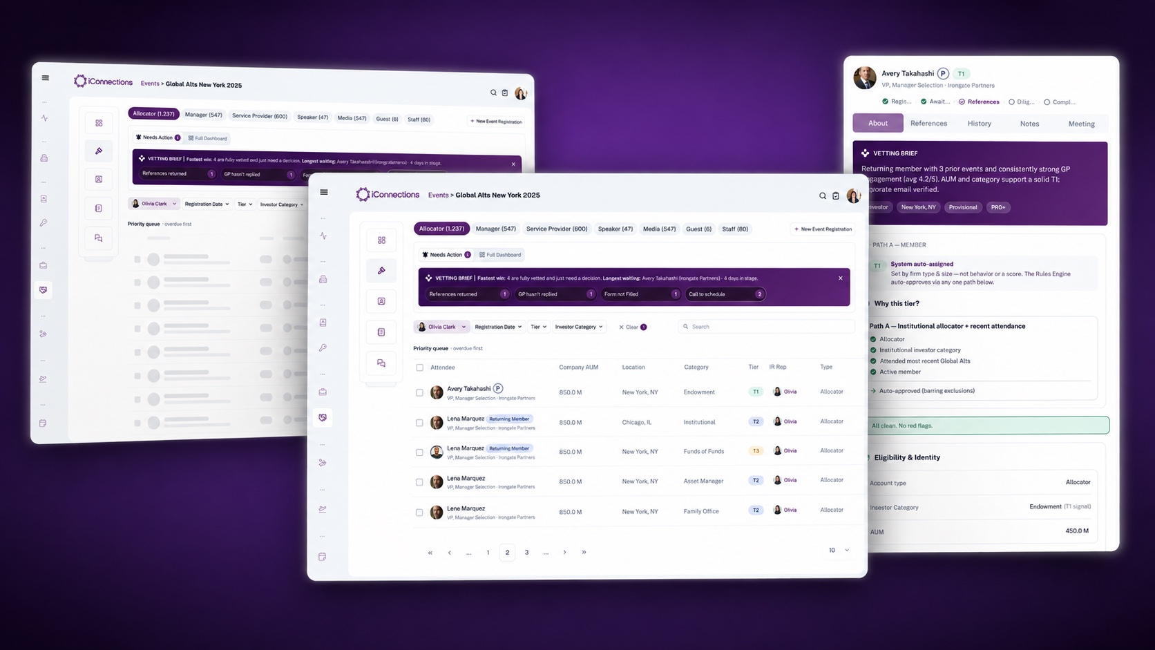 Three screens of the rebuilt vetting workflow