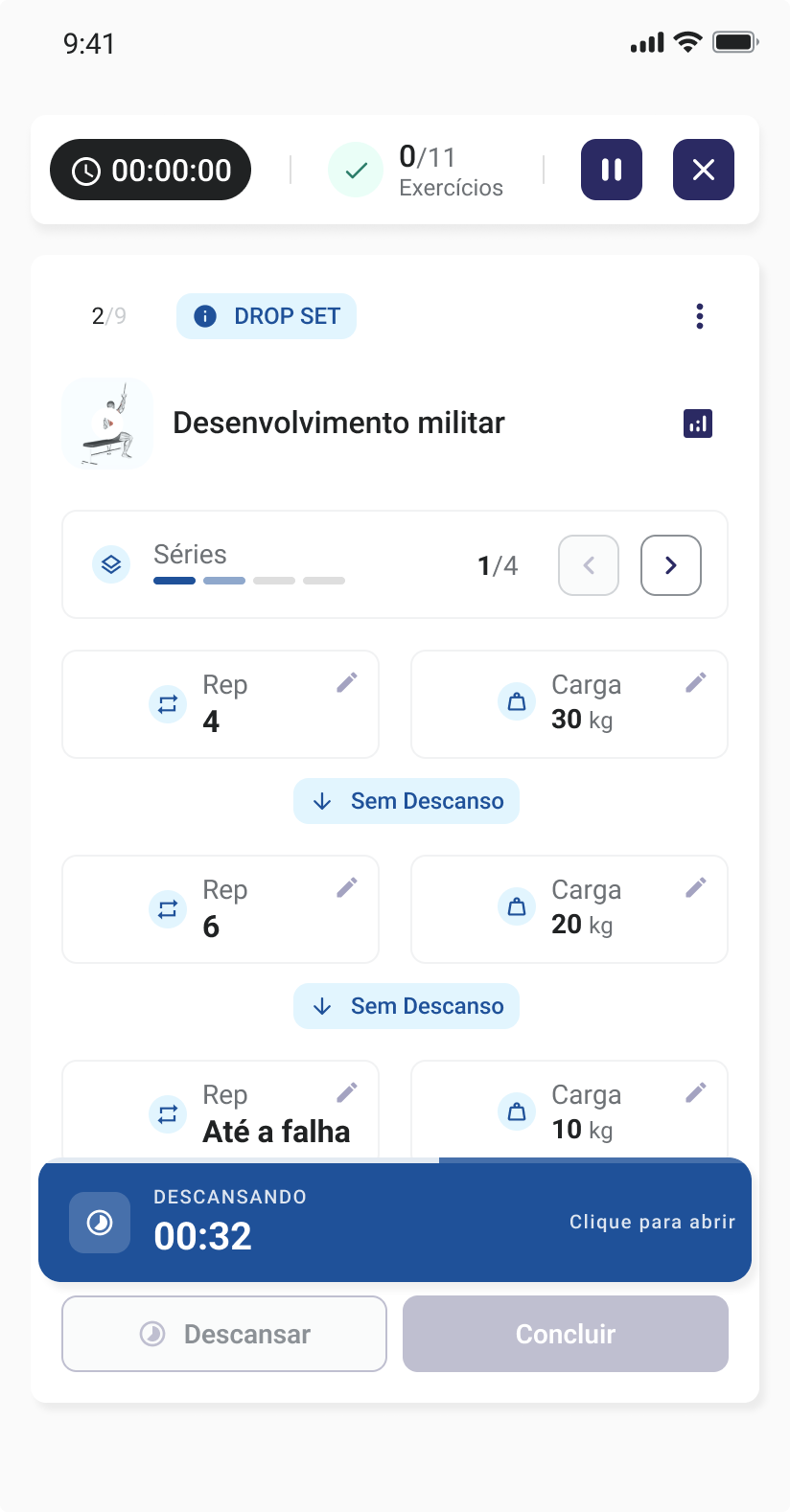 Drop set card fully readable with the rest timer collapsed into a bar