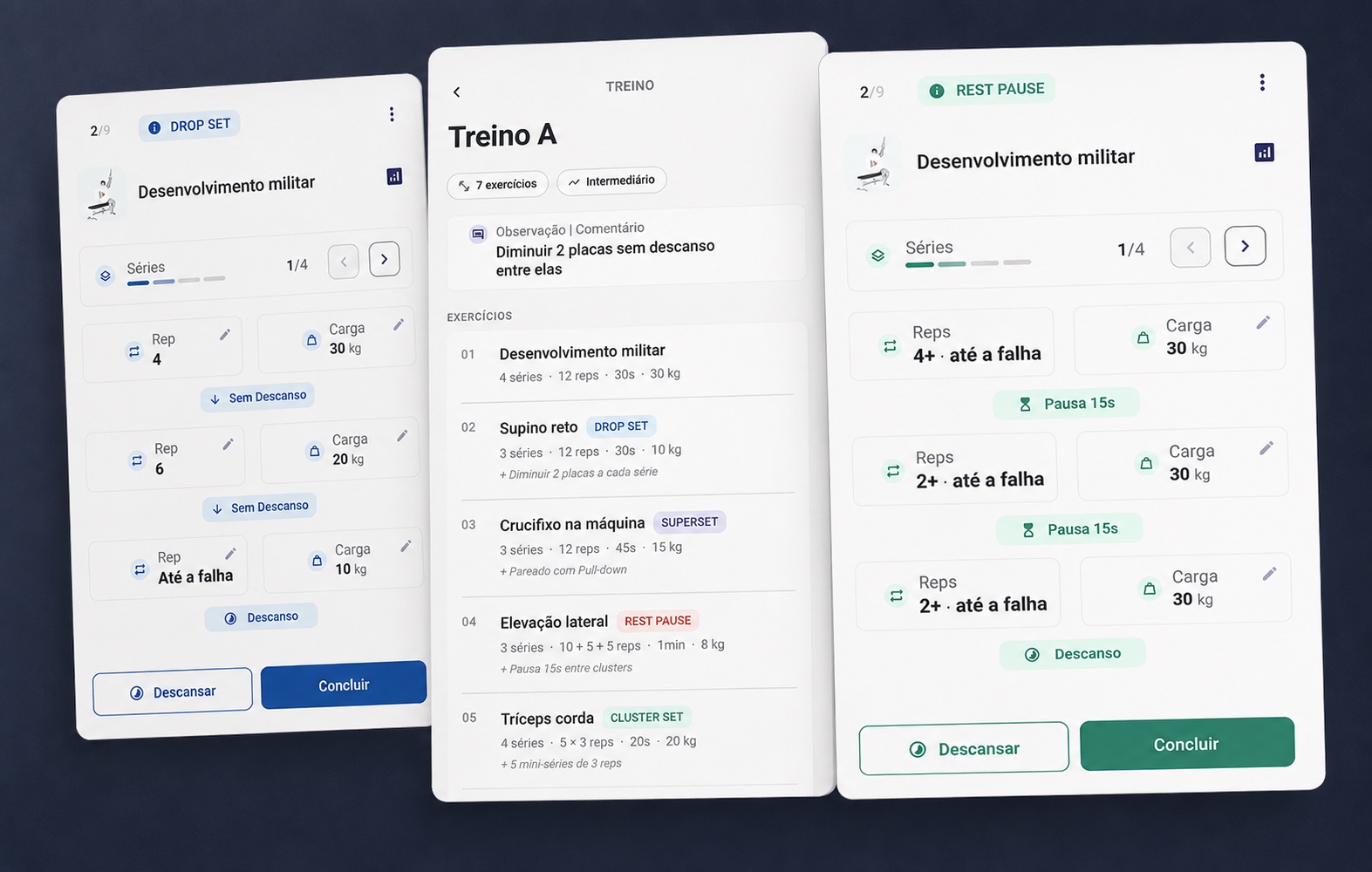 Three screens: a drop set card, the workout list, and a rest pause card
